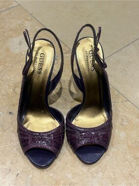 GUESS Plum Croc-Texture Peep-Toe Slingback Heels